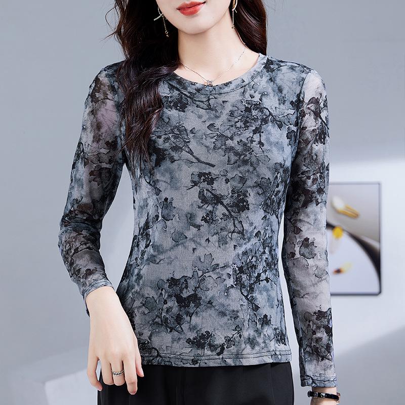 Stylish Long Sleeve Print T-shirt for Middle-Aged Women