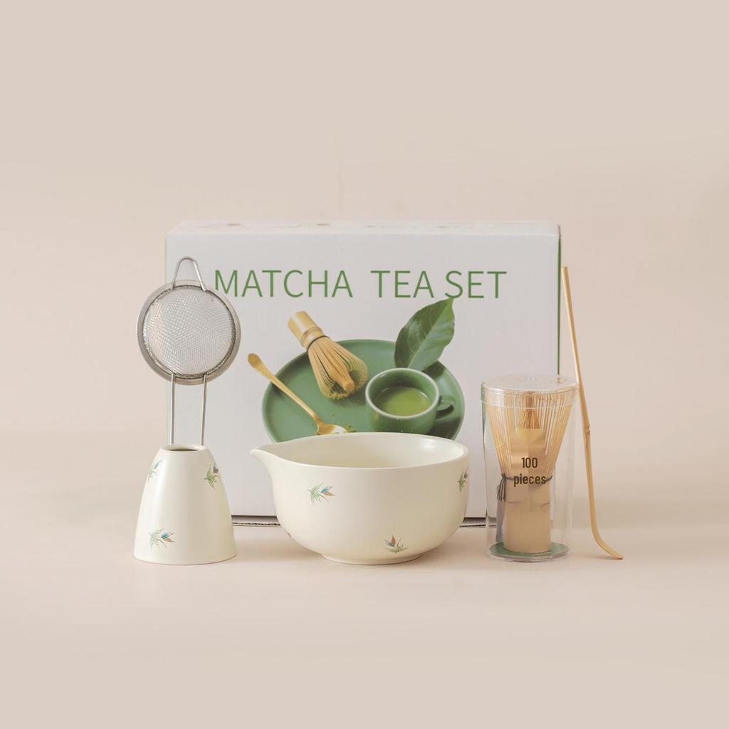 Japanese Forget-Me-Not Ceramic Matcha Bowl Set with Whisk & Spoon - Inspired by Song Dynasty