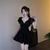 Work clothes women's clothing sexy low-cut V-neck lotus leaf sleeves backless waist thin A-shaped big pendulum dress