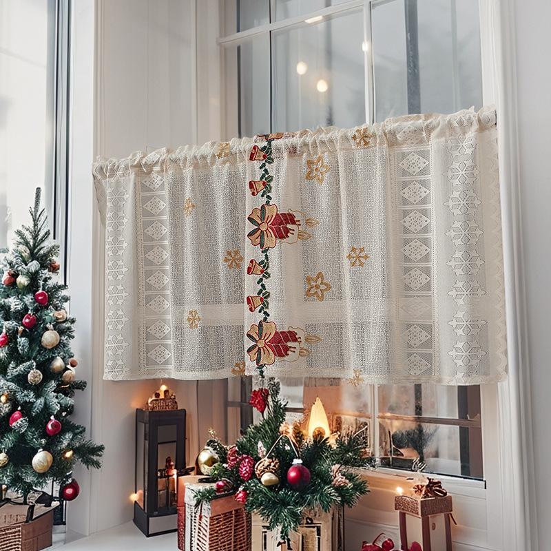 American Christmas Curtain Finished Bell Christmas Theme Embroidered Lace Door Curtain Rectangle Beautification Decorative Coffee Curtain