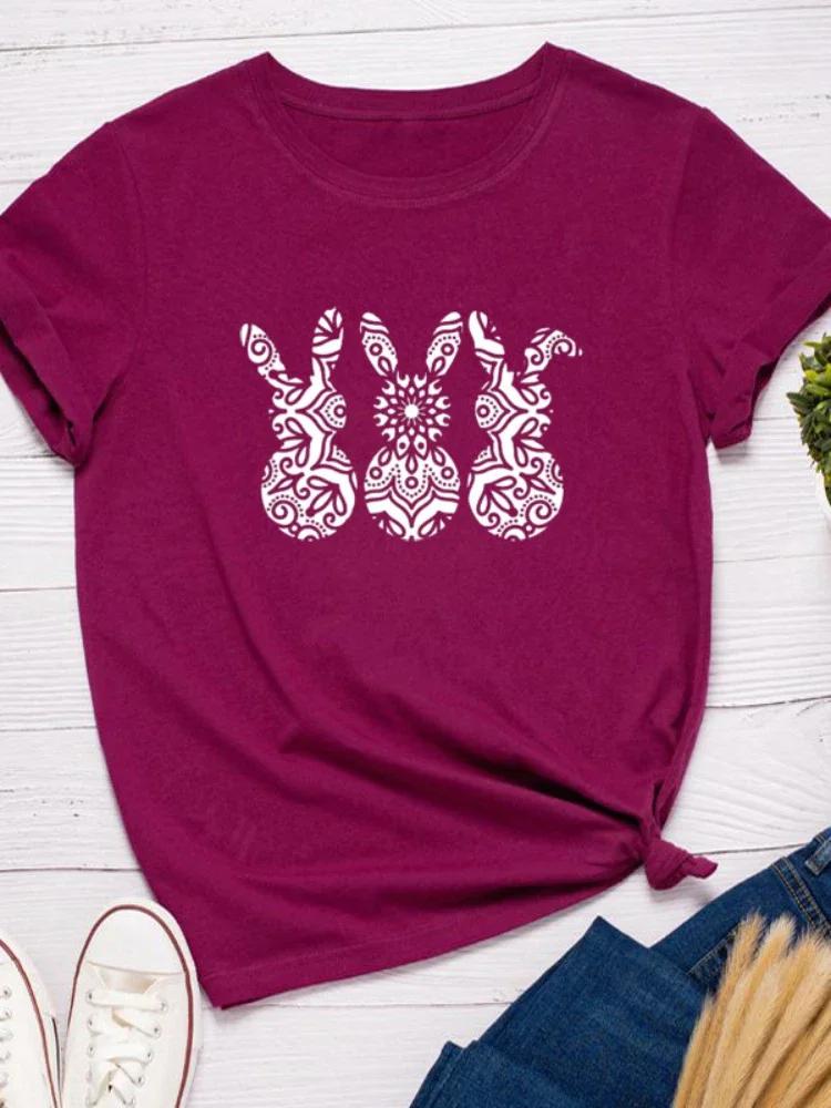 Dámské tričko s potiskem králíka a zajíčka s krátkým rukávem a výstřihem do O-neck, volné dámské tričko s krátkým rukávem a topy