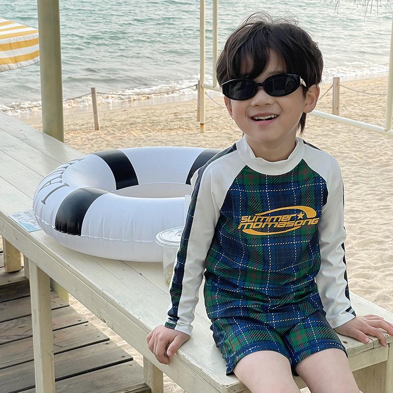 Children's Long Sleeve Plaid Patchwork One-Piece Swimsuit - Quick-Drying Swimwear for Beach & Holiday