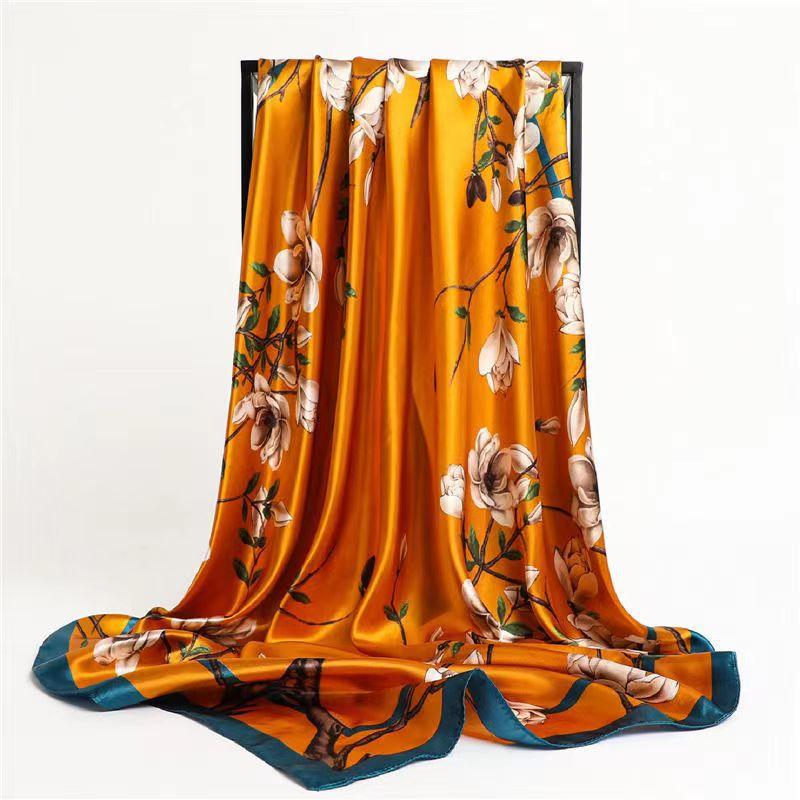 Quadratischer Seidenimitat-Satin-Frauen-eleganter Schal-Blumen-Verpackungs-Schal Allgleiches Kopftuch-Sonnencreme-Gaze-Schal orange