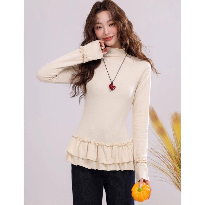 270g Velvet Women's Warm Half-High Collar Long Sleeve T-Shirt, New Autumn/Winter Korean Style Slimming Top