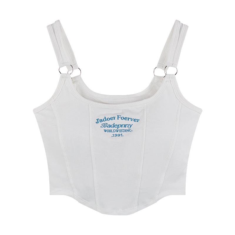 

Синий вышитый буквенный нерегулярный топ-майка - Женский летний стиль One Size белый