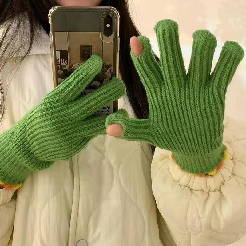 Jelly bean wool knitted gloves, winter women's thick fingers can be exposed to keep warm, five fingers cycling