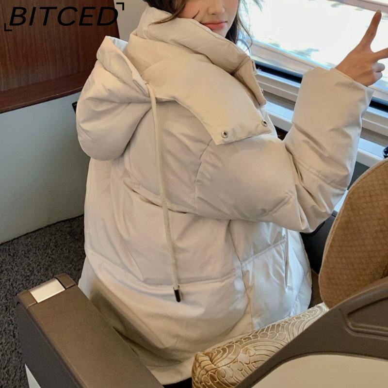 BITCED New Style Women's Winter Short-Length Hooded Puffer Jacket with Design-Forward Thickened Fleece Lining