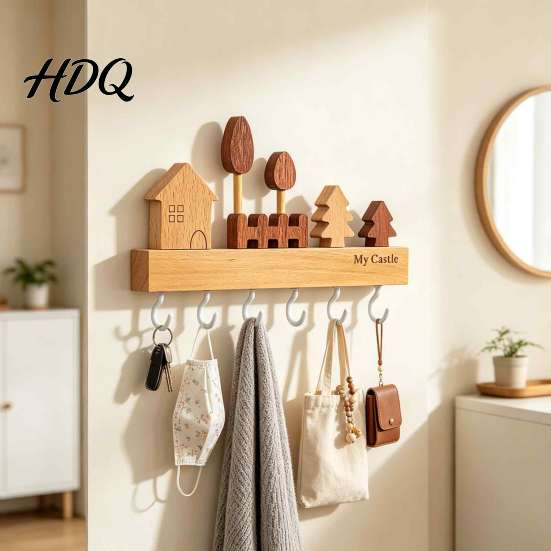 Entryway Key Storage Rack Wooden Holder with 6 Hooks Decorative Organizer No Drill Hook Rack Easy Wall Mount Installation Hanger for Home