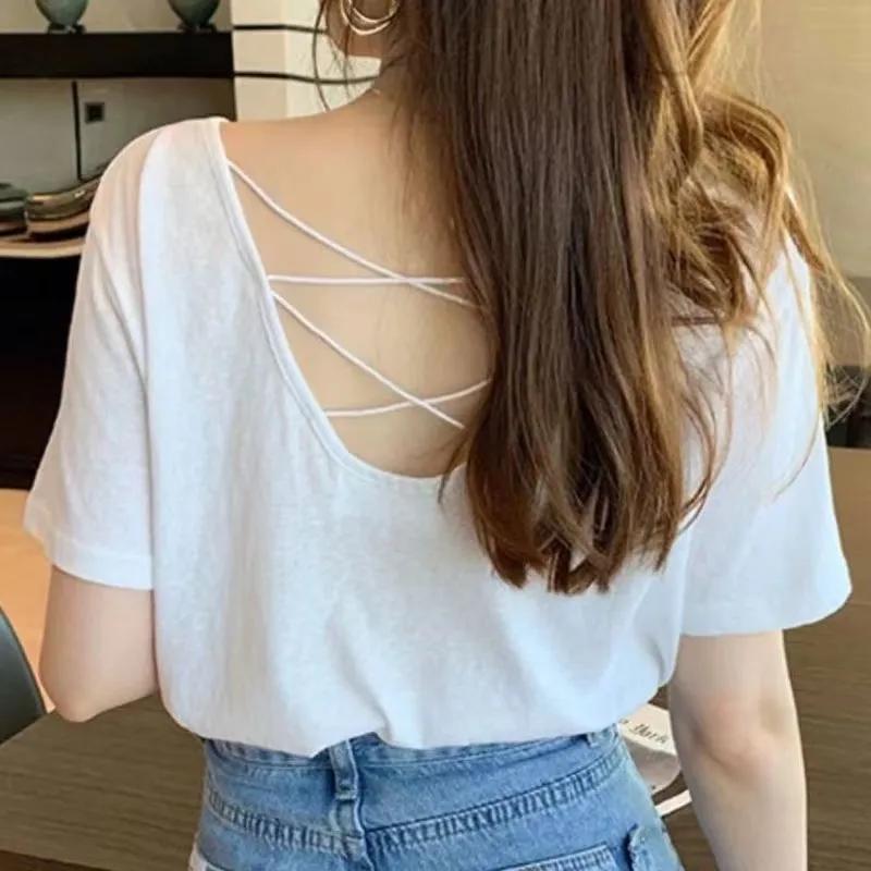 

Womens Cross Back Strap Short Sleeve Casual T Shirt M білий