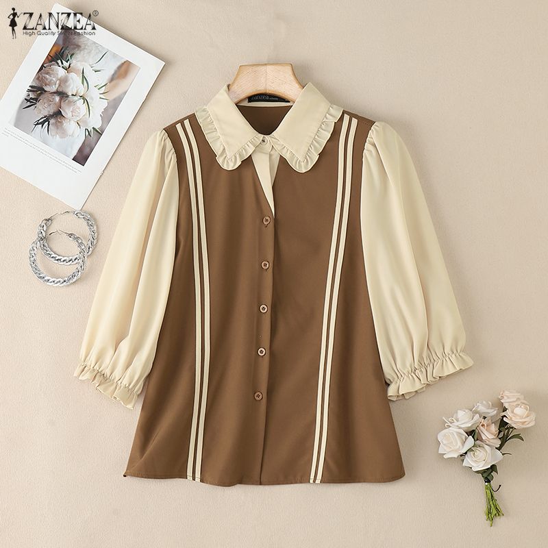 ZANZEA Damen Lässige Puppenkragen Sommer Halbarm Bluse