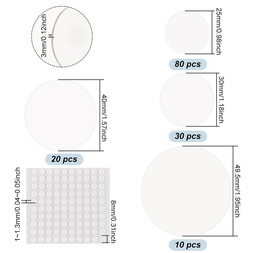 1box 140pcs 4 style Acrylic Flat Round Action Figure Display Bases with 4pcs Acrylic Double-sided Pads Clear Base: 24.5~49.5x2mm Pad: 10x1mm