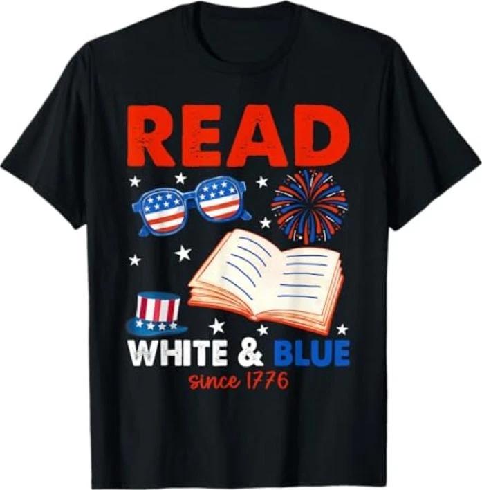 Read White Blue Since 1776 Patriotic Bookworm 4th of July T-Shirt 2XL