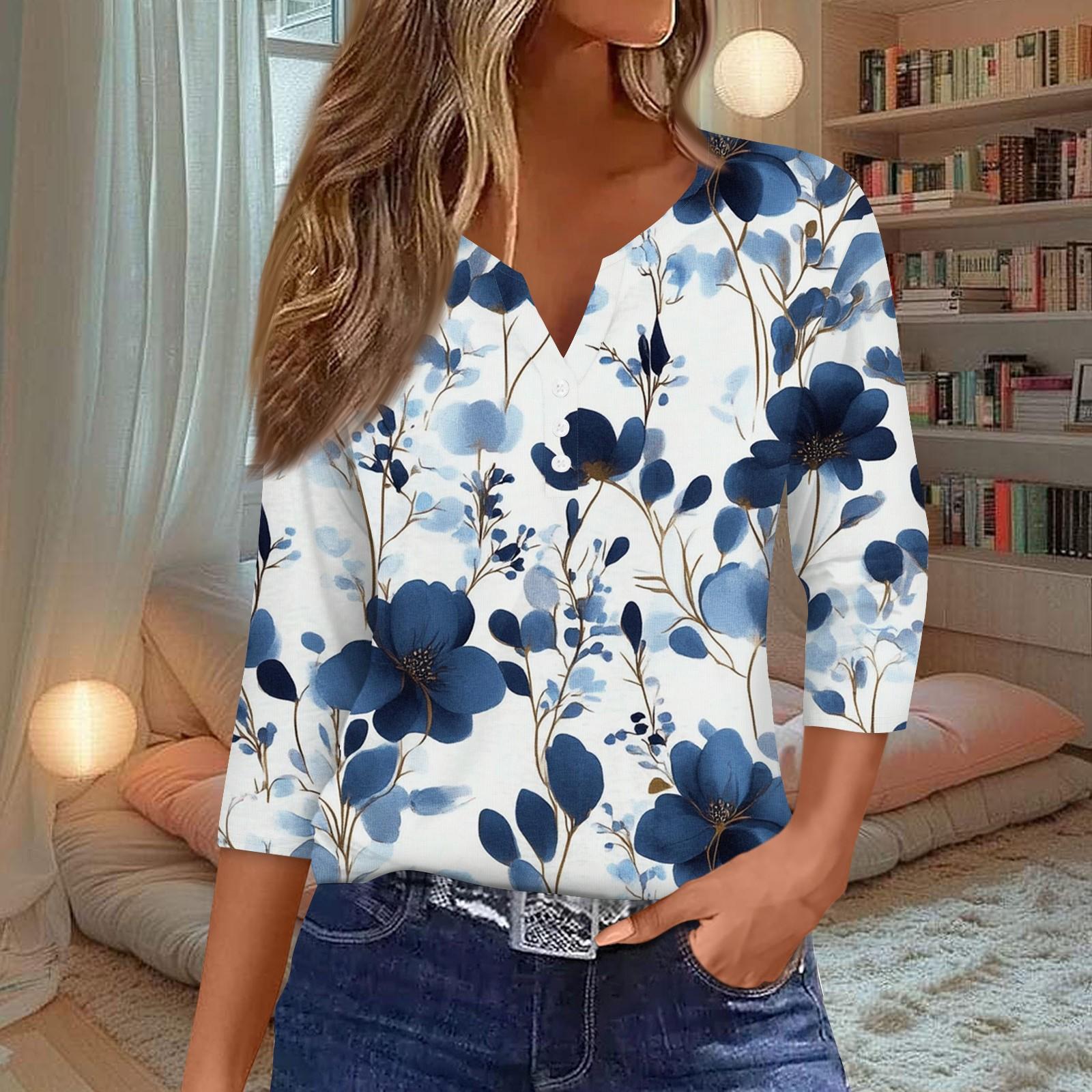 

Жен. Футболка Футболка С принтом Пуговицы Рукав 3/4 Повседневные Выходные Мода Классический V-образный вырез Обычный Топ XL белый