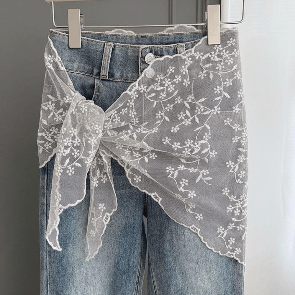 

Floral Embroidery Lace Fart Curtain Jeans Decor Mini Skirt Trendy Hip Curtain Summer сірий