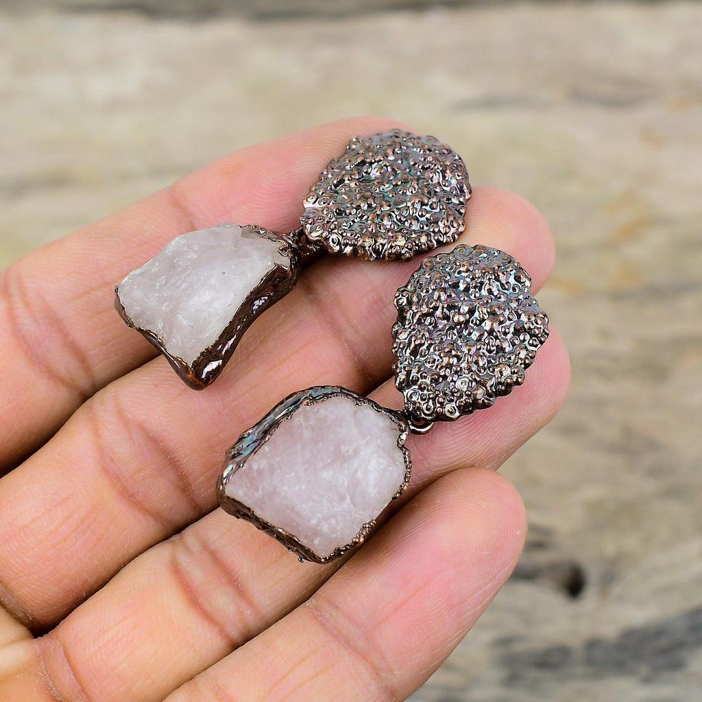 Rose Quartz Rough Earring Gemstone Earring Electroformed Copper Earrings Handmade Electroformed Jewelry Gift For Her Latest Design Earrings