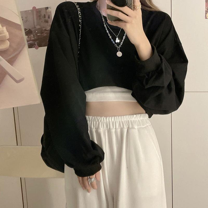 High Waist Short Sweatshirt Women's Loose Long Sleeve T-shirt Top