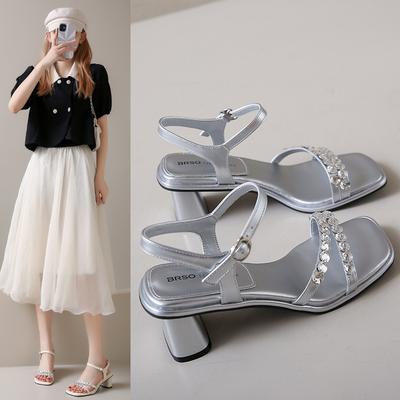 Buckle Sandals Women's 2025 Summer Fashion Versatile New Square Head Rhinestone Word with Sandals Comfortable 5CM Thick Heel