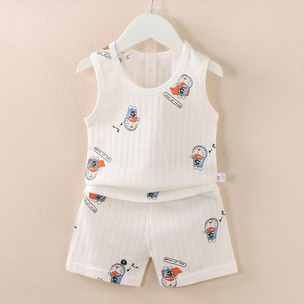 Koreańska wersja zestawu kamizelki dla dzieci Nowy chłopięcy i dziewczęcy dziecięcy kreskówkowy cienki zestaw bez rękawów kamizelki i szortów modny