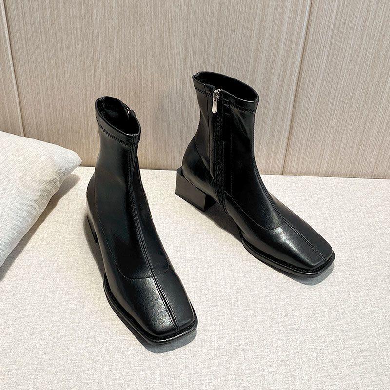 

Европейская станция~ Огромная худышка!! Популярные короткие ботинки женские повседневные на среднем каблуке с квадратным носком облегающие ботинки в стиле ретро на толстом каблуке эластичные ботинки 39