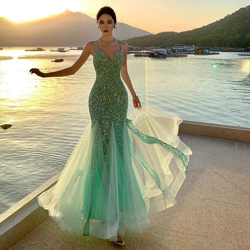 French Sexy Retro Sequin Dress Women's Suspender Waist Fishtail Dress Birthday Party Dress Long Skirt
