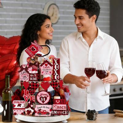 17 Stück/Set Valentinstag Etageren Dekoration Liebesherz Wichtel Holz Tischschild Rustikales Bauernhaus Desktop Etagen-Tablett Ornament