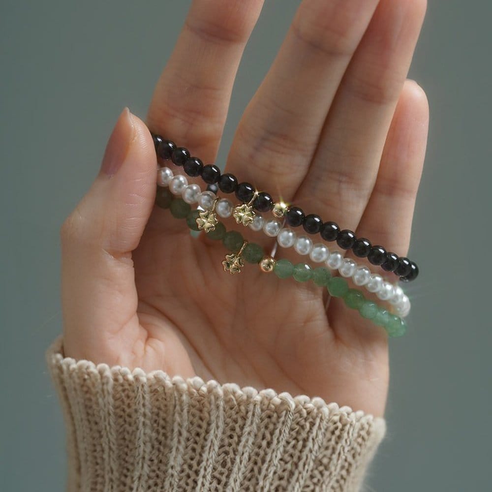 [New Pearl/Onyx] 14K Fury Natural Stone Clover Bracelet W