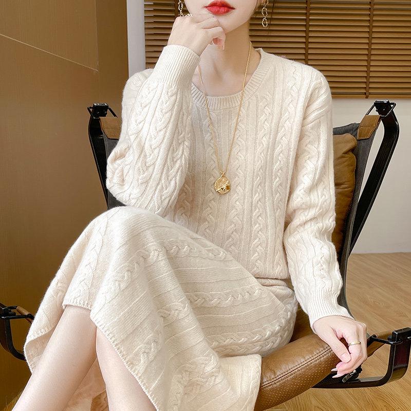 Women's 2026 Autumn/Winter Twisted Pattern Knitwear Set: Round Neck Sweater and Skirt