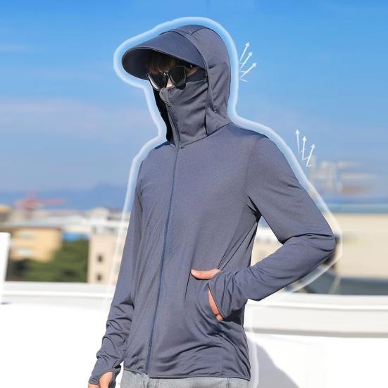 Men Summer Sunscreen Clothing Solid Color Long Sleeve Sun Protection Coat Hooded Jacket Zipper Placket Pockets Outwear