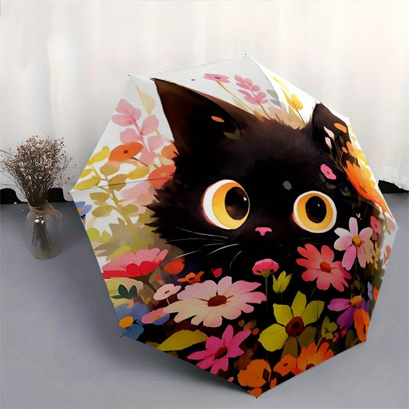 1pc Flower Black Cat Pattern Beautiful Looking Automatic Folding Umbrella, 3 Folding, 8 Pole Frame Design, Durable and Suitable for Travel and Daily U