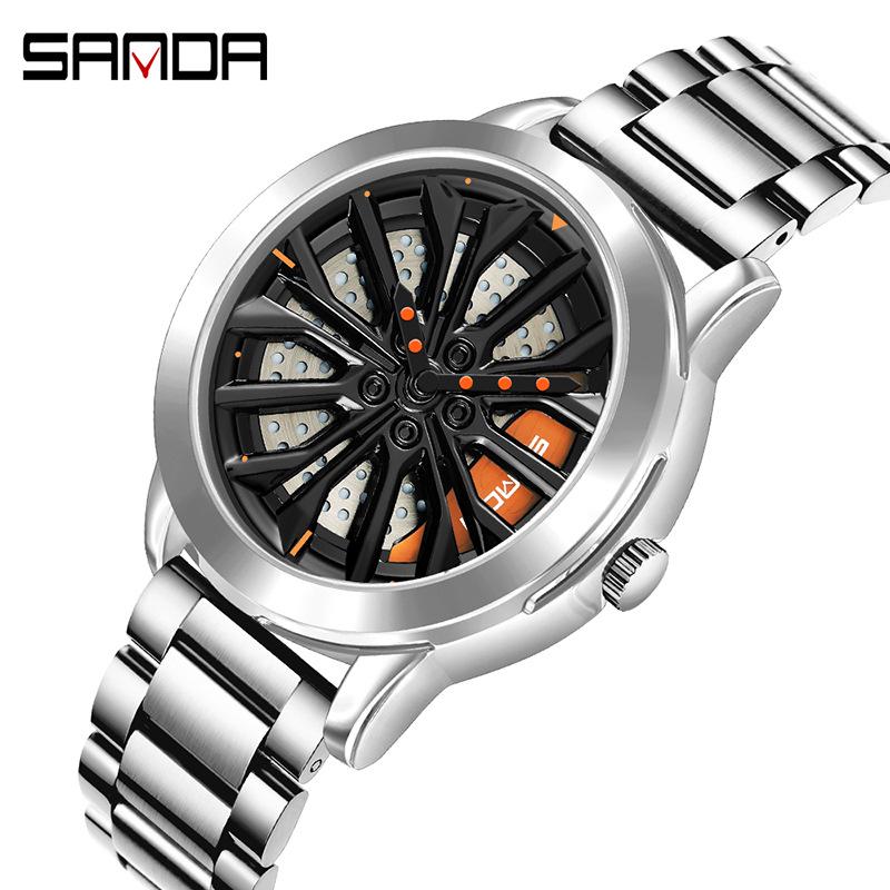 Sanda Men's Creative Wheel Quartz Watch - Trendy Rotating Waterproof Wristwatch