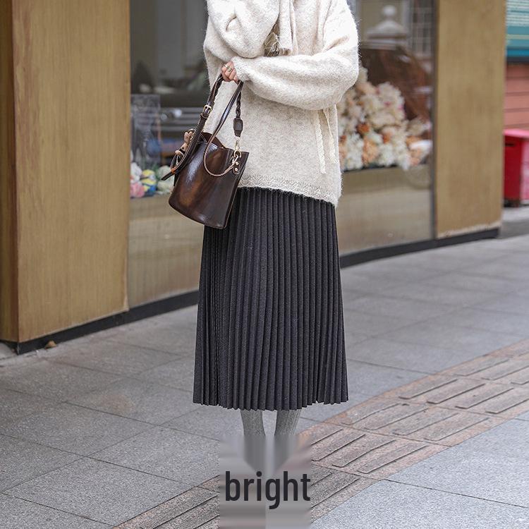 Winter 2024 Women's High-Waisted Wool Blend Pleated Midi Skirt – Slimming A-line Casual Style