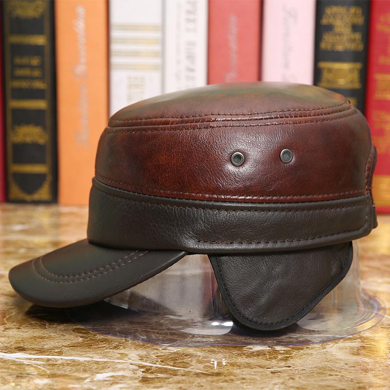 Genuine Cow Leather Military Hats For Men Fall Winter Men's Cowskin Hat With Ear flap Real Cowhide Flat Top Baseball Caps