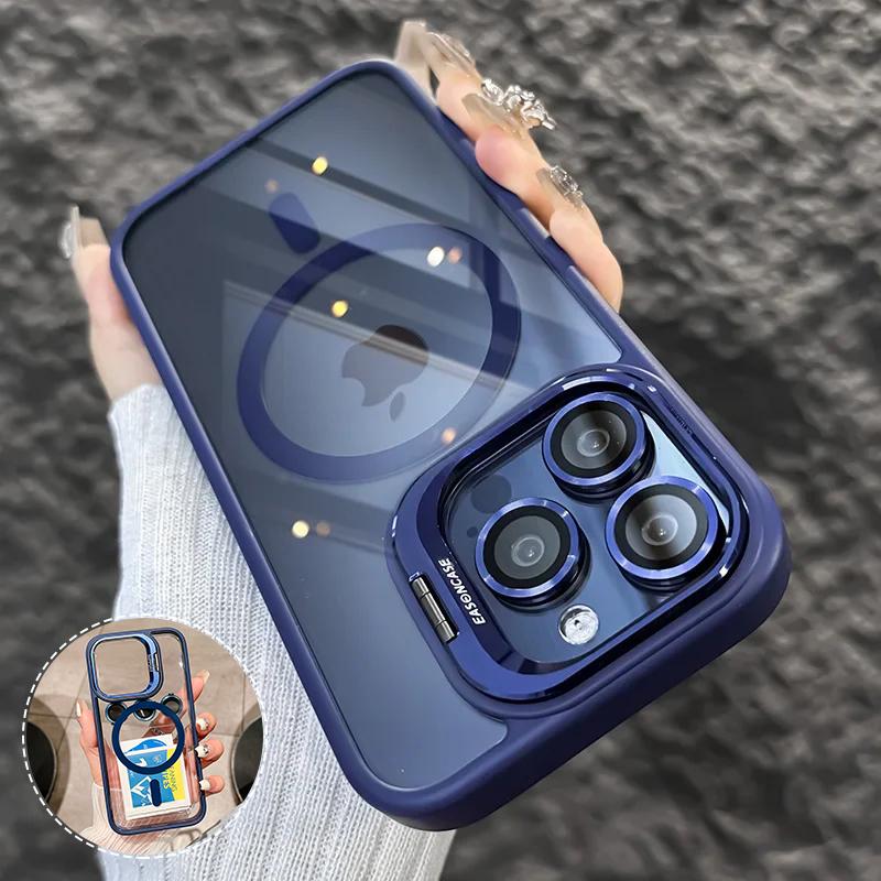 Magnetic Metal Lens Protector Stand Holder Case For iPhone 15 12 13 14 11 Pro Max Plus For Magsafe with Glass Lens Clear Cover