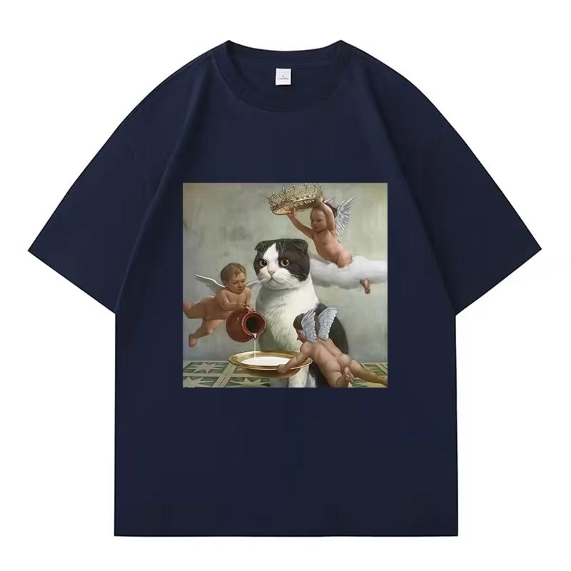 Funny Classical Art Cat T Shirt Angel Cherub Graphic Cotton Crew Neck Short Sleeve Unisex Oversized Vintage Meme Streetwear Tees