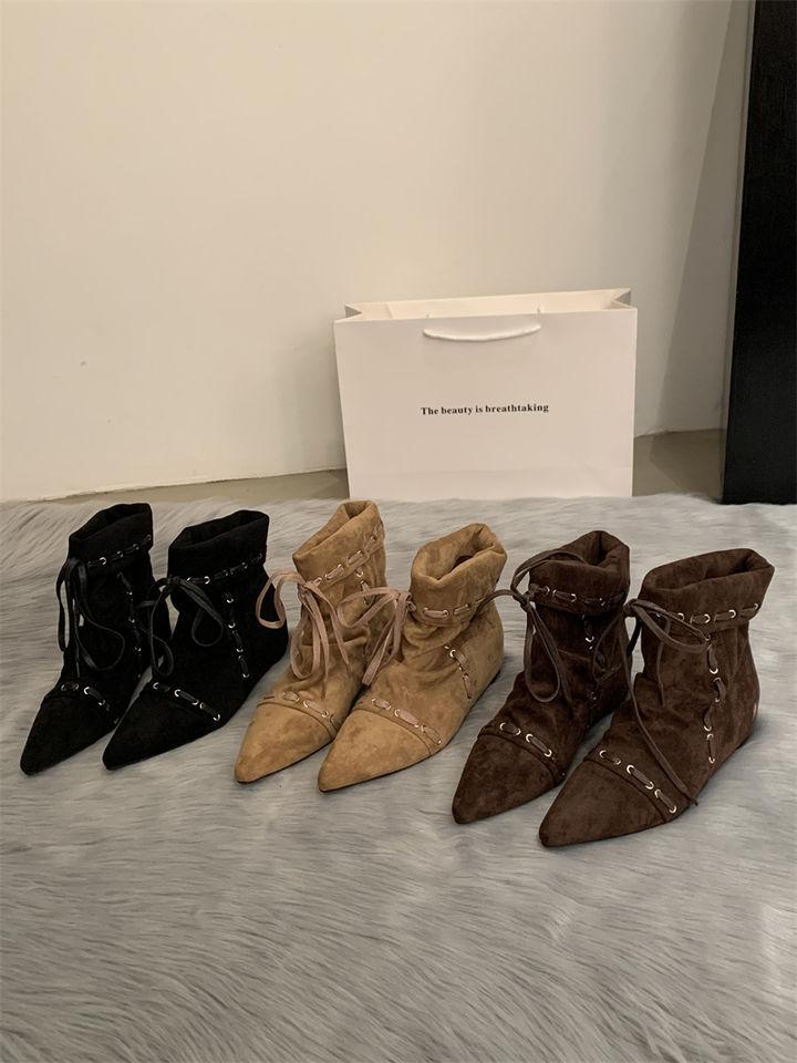 Skládané špičaté krátké boty dámské ploché dno pásky 2025 léto a podzim nové retro niche Maillard westernové kovbojské boty