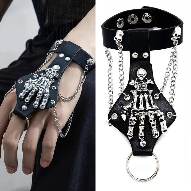 Steampunk Totenkopf Finger PU Leder Armband Für Männer Gothic Silberfarben Gliederkette Armbänder Armreifen Rock Halloween