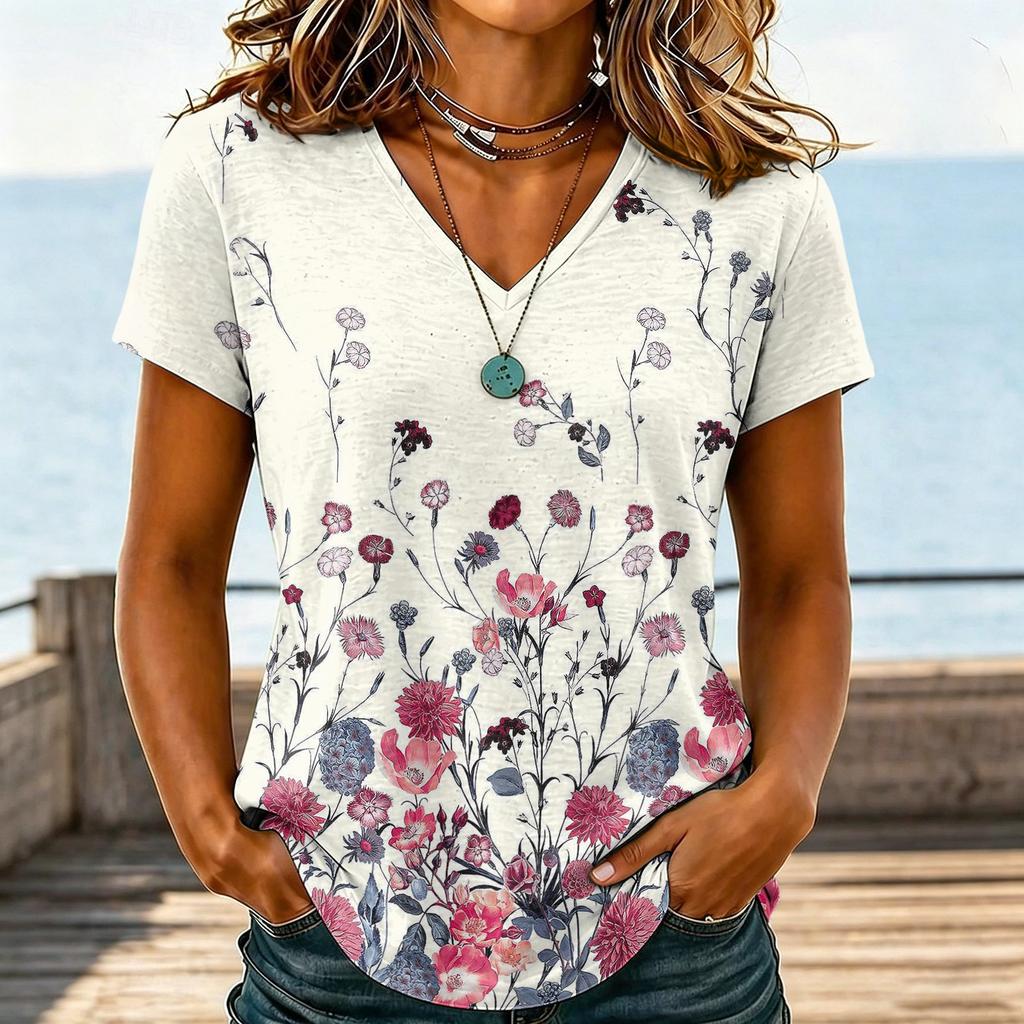 Damen Casual V-Ausschnitt Blumenprint Kurzarm T-Shirt Leichter Weicher Stoff Lockere Passform Oberteil für den Alltag