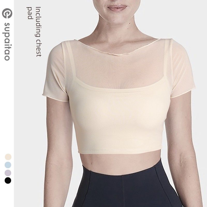 

Non-Exchangeable Non-Returnable] Fake Two-Piece Yoga Clothes Short Sleeve with Chest Pad Workout Clothes High Top Sports T-Shirt Running Quick-Drying Milk apricot M