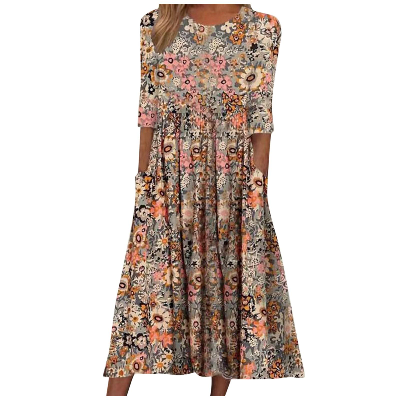 

Женское летнее повседневное свободное карманное платье со средним рукавом и круглым вырезом с принтом XXL