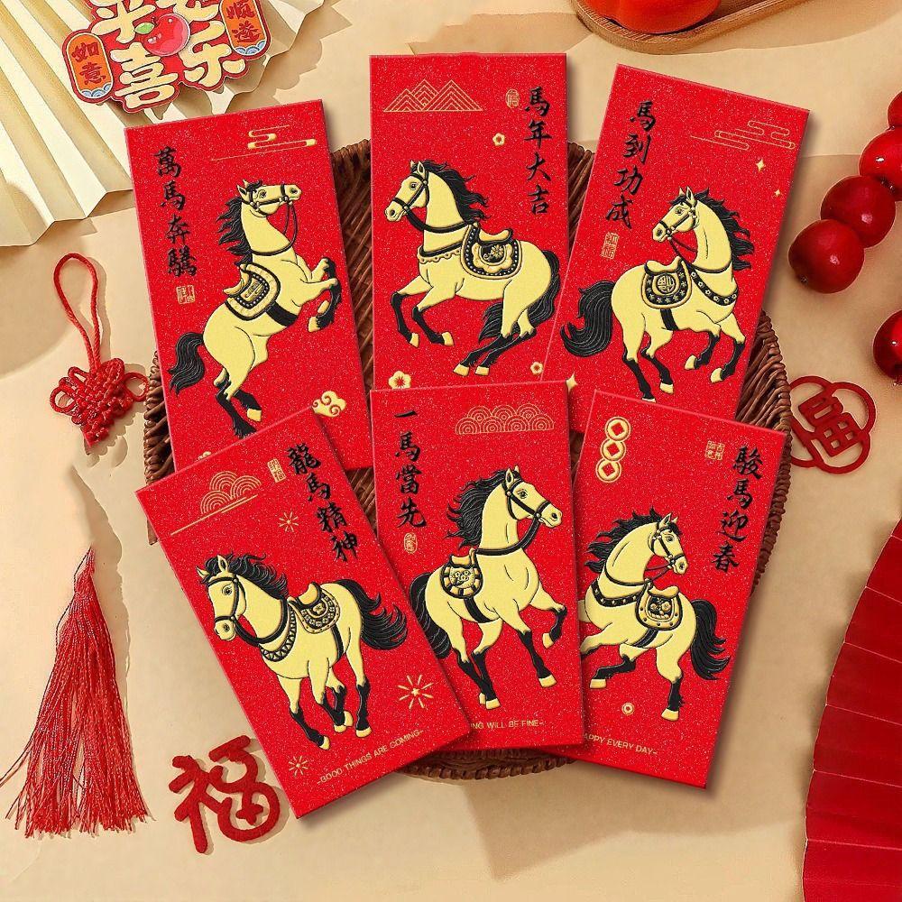 6pcs Traditional Lucky Red Pockets 2026 Horse Year Spring Festival Red Envelope Chinese New Year