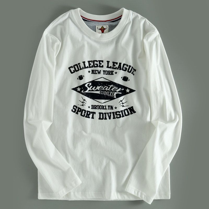 Big Brand Leak-Picking ~ Export Label Cutting Export OEM Goods Pure Cotton Men Long Sleeves T-shirt Undershirt Youth Loose T-Shirt Tide White L