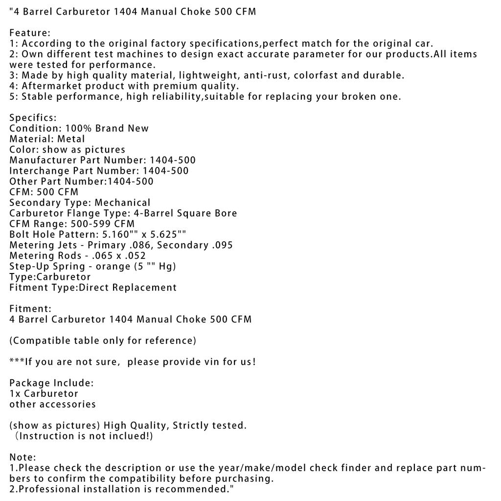 4 Barrel Carburetor 1404 Manual Choke 500 CFM