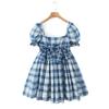 French Summer Plaid Puff Dress with Bow Tie and Short Sleeves