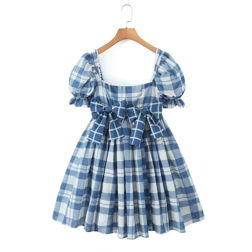 French Summer Plaid Puff Dress with Bow Tie and Short Sleeves