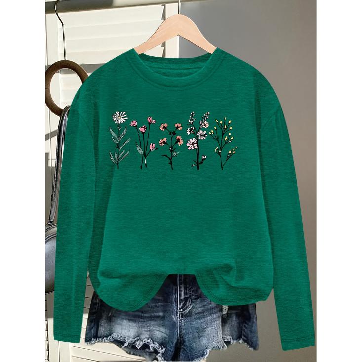 Elegant Long-sleeved Dress for Women Fresh Floral Theme Printed Round-neck Women's Shirt T Shirt Suitable for Spring Wear Summer Autumn