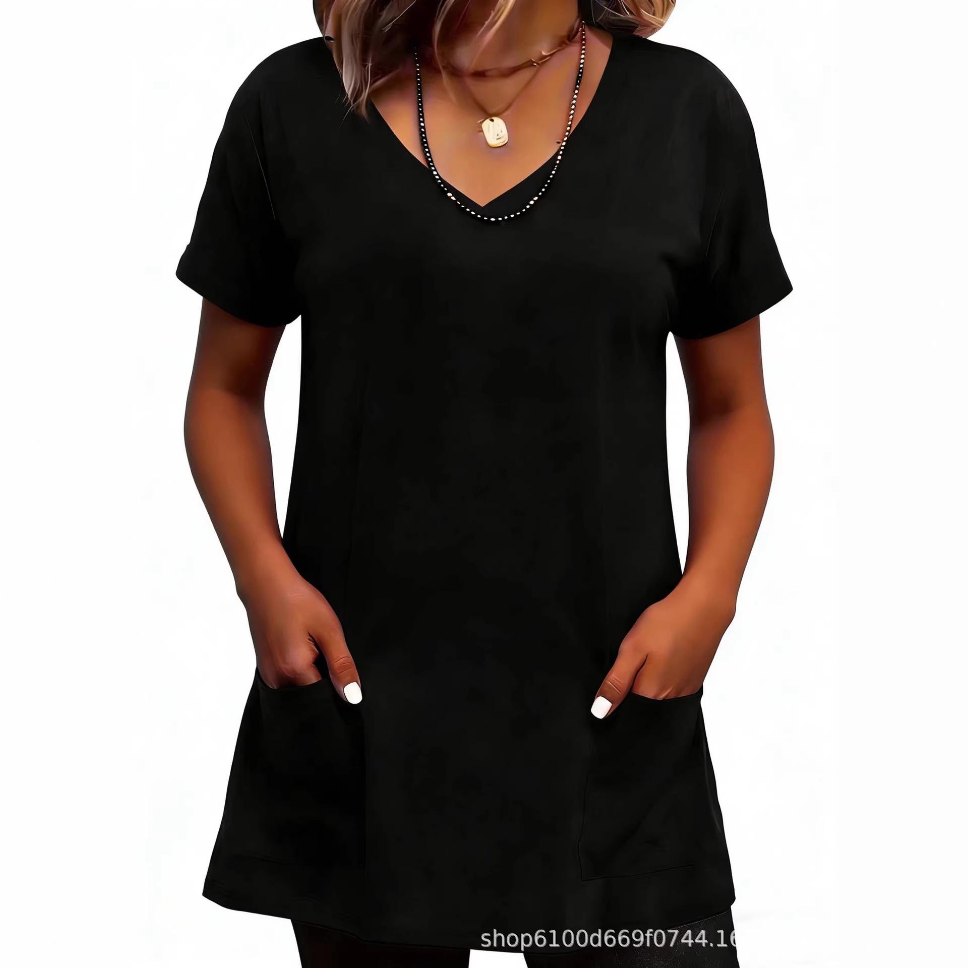 

Plus Size Women s Casual Solid T-shirt with Pocket - European & American Spring/Summer Fashion Top L чорний