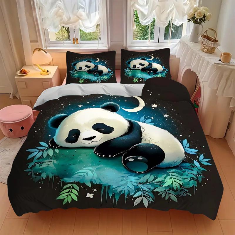 3pcs Moonlit Night Panda Bedding Set - Includes Quilt Cover and Pillowcases, Suitable for All Seasons, Machine Washable - Ideal Gift for Fam