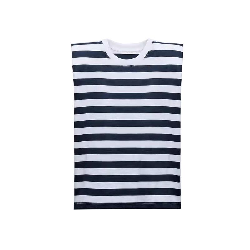 Spring New Women's Clothing Fashion Trendy Cool Easiest for Match Round Neck Sleeveless Padded Shoulder Decorative T-shirt 0858030 0858034