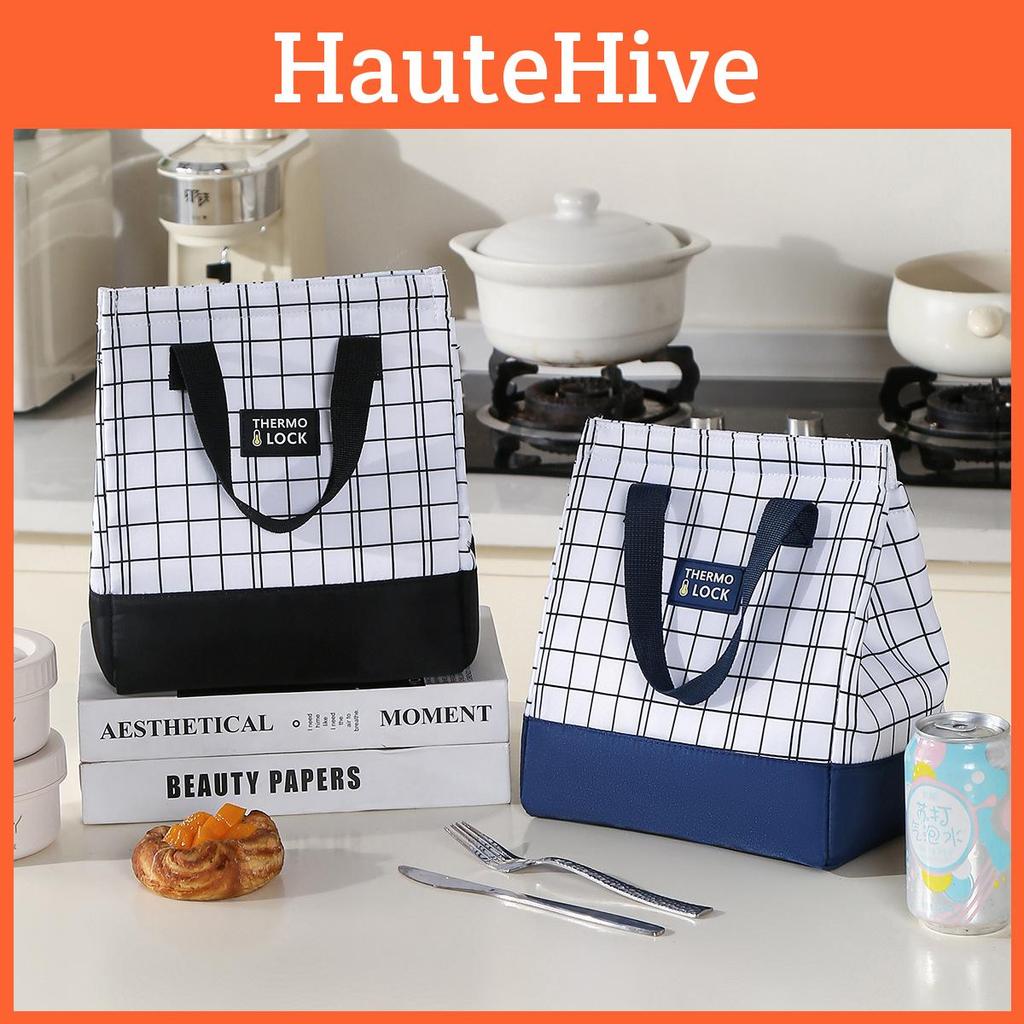 Minimalist Oxford Grid Lunch Bag Tote With Insulated Storage Commuters For