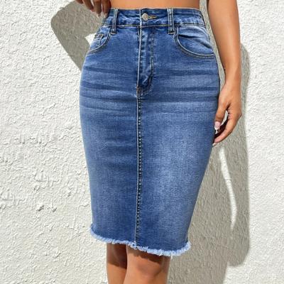 Women Denim Skirt High Waist Button Zipper Fly Multi Pockets Midi Skirt Solid Color Hip Wrapped Tassel Hem Washed Skirt